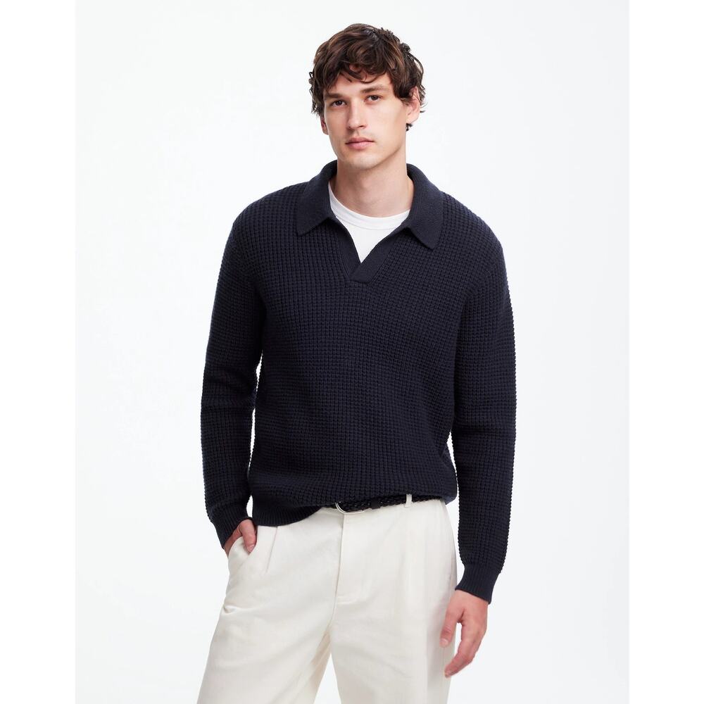 NWT Madewell Men's Johnny-Collar Sweater Polo Shirt Waffle Knit Midnight Blue S